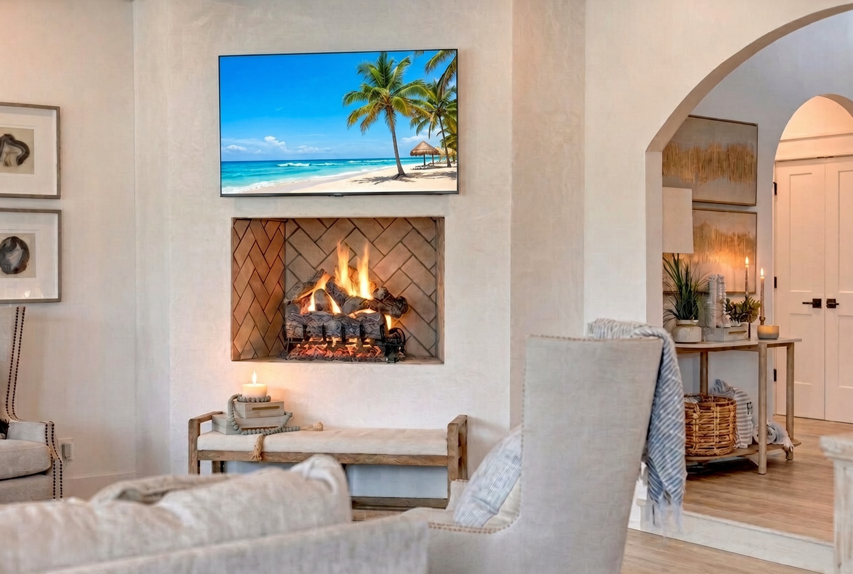 After: fire lit, lamps on, beach on TV — for reels